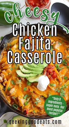 chicken fajita casserole in a skillet with avocado and sour cream