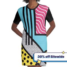 Loose and casual fit jersey t-shirt dress. Printed polyester blend front panel, solid color 100% cotton back/sleeves/rib. Size range XS-2XL. Abstract bold, colorful 80s pop art memphis style graphics illustration 80s Pop Art, D Dre, 80s Pop, Memphis Style, Pop Art Style, Graphics Illustration, Casual Fit, Casual Fits, Graphic Illustration