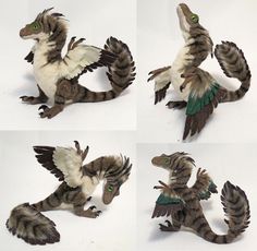 four pictures of different types of stuffed animals with wings spread out, sitting and standing