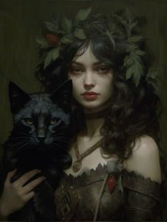 a painting of a woman holding a black cat with leaves on her head and wearing a chain around her neck