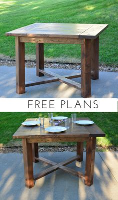 a wooden table with plates on it and the words free plans above it