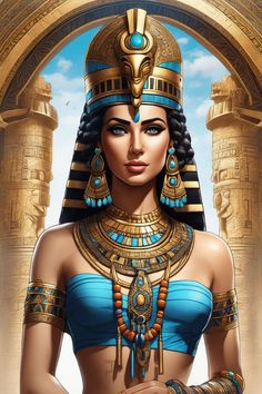 an egyptian woman in blue and gold with her hands on her hips, wearing jewelry