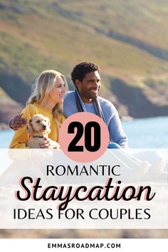 a man and woman sitting next to each other with the text romantic staycation ideas for couples