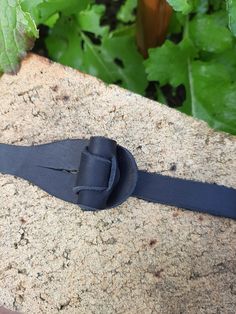 a black leather belt with a knot at the end sitting on a rock in front of some plants