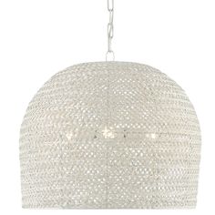 a white chandelier hanging from a chain on a ceiling fixture with an intricate design