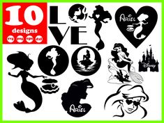 the silhouettes of disney characters are shown in black and white