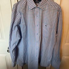 Great Looking Shirt. Perfect Condition. Casual Pink Button-up Dress Shirt, Summer Pink Cotton Dress Shirt, Casual Pink Dress Shirt For Spring, Casual Blue Dress Shirt For Daywear, Blue Dress Shirt For Summer Daywear, Casual Pink Collared Dress Shirt, Pink Collared Casual Dress Shirt, Spring Plaid Cotton Dress Shirt, Pink Casual Collared Dress Shirt