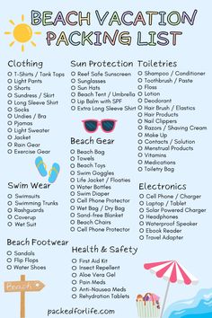 the beach vacation packing list is shown