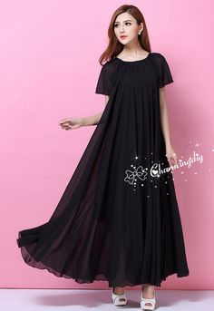 Chiffon Black Short Sleeve Long Party Dress Evening Wedding Lightweight Sundress Summer Holiday Beach Dress Bridesmaid Dress Maxi Skirt Detail Info: ❤ Color: Black More color choice link: https://www.etsy.com/listing/213656440/chiffon-dress-color-card?ref=shop_home_feat_1 Please just note the color you want with order, we will make according to your note ❤ Material: Chiffon ❤ The dress doesn't limit the chest size and waitst size, arm hole 45cm ( (if your upper arm circle circumference is more t Chiffon Dress Casual Classy, Beach Bridesmaid Dress, Maternity Photo Dresses, Black Maxi Dresses, Beach Bridesmaid, Pregnant Dress, Cotton Night Dress, Beach Bridesmaid Dresses, Long Party Dress