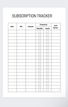 a printable sign up sheet with the words subcription tracker in black and white