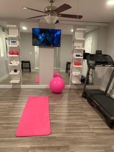 Hvac Room Storage, Home Gym Inspiration Bedroom, Cute Workout Rooms Home Gyms, Garage Into Workout Room, Cute At Home Gym Ideas, Aesthetic Home Gym Room, Home Workout Room Aesthetic, Home Gym Ideas For Women, Workout Room In Basement