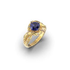 Tanzanite and Diamonds Gold Ring made in Italy - Oltremare Gioielli Italian Engagement Ring, Italian Gold Jewelry, Tanzanite Diamond Ring, Natural Cushions, Italian Jewelry, 18k Gold Ring, Natural Tanzanite, Diamonds And Gold, Ribbed Texture