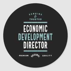 the economic development director sticker is shown in white and blue on a black background