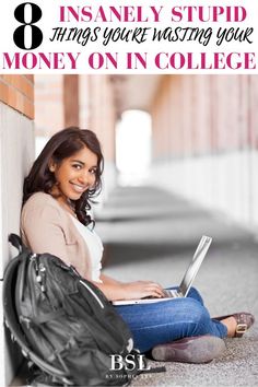 a woman sitting on the ground with her laptop computer in front of her back pack