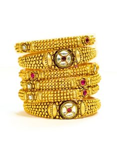 Rikha - Contemporary Gold Bangles Set w/ Ruby & Kundan's for Ladies' – B Anu Designs Gold Bangle Design, Gold Bangle Designs, Desi Traditional, Indian Gold Bangles, Gold Bangles Set, Gold Bangles Indian, Indian Bridal Jewelry, Ruby Bangles, Bangle Design