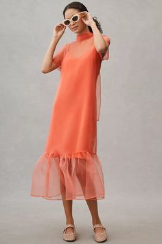 BHLDN Charlotte Short-Sleeve Organza Midi Dress | Anthropologie August Outfits, Organza Midi Dress, Different Bridesmaid Dresses, Greece Outfit, Unique Bridesmaid Dresses, Orange Fits, Maid Of Honour Dresses, Affordable Bridesmaid Dresses, Guest Attire