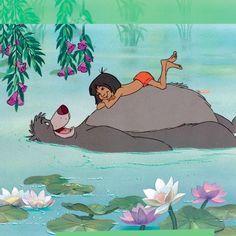 an animated image of a woman laying on top of a hippo in the water