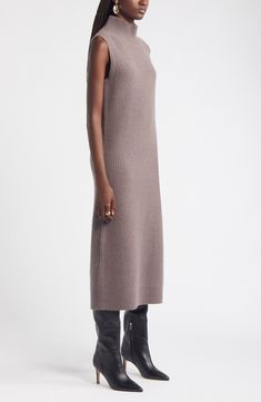 Embrace sweater weather with none of the bulk in this ribbed dress topped with a cozy mock neck and knit from a blend of soft wool and cashmere yarns. 45" length (size Medium) Slips on over head Mock neck Sleeveless Unlined 70% wool, 30% cashmere Dry clean Imported Winter Ribbed Dresses For Daywear, Ribbed Dresses For Daywear In Winter, Sleeveless Knitted Sweater Dress For Fall, Sleeveless Knit Sweater Dress For Winter, Sleeveless Sweater Dress Outfit, Knitted Dress Outfit, Rib Sweater, Sweater Dress Outfit, Sleeveless Knit Dress