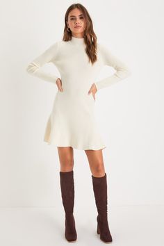 Ivory Mini Sweater Dress - Mock Neck Dress - A-Line Mini Dress - Lulus White Dress With Thigh High Boots, Proposal Outfit, Cream Long Sleeve Dress, Wedding Rehearsal Dress, Burgundy Skater Dress, White Rehearsal Dinner Dress, Dinner Dresses, White Dress Winter, Rehearsal Dinner Outfits