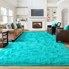 a living room filled with furniture and a blue rug on the floor in front of a fire place