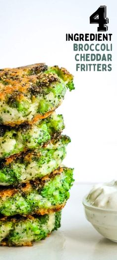 broccoli cheddar fritters stacked on top of each other next to a bowl of ranch dressing