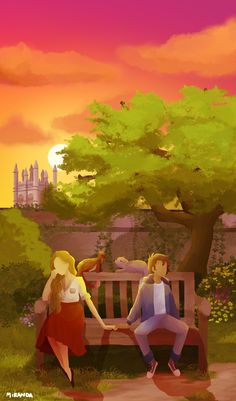 two people sitting on a park bench in front of a tree and castle at sunset