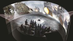 an animated image of people playing chess in front of a large screen with ships on it