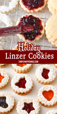 The top image is a wire cooling rack with Linzer cookies on it. Two of the cookies are topped with blackberry jam. One of them has a butter knife spreading the blackberry jam on the cookies. Two other cookie tops are sprinkled heavily with powdered sugar. The bottom image shows completed Linzer cookies with different shapes and jam fillings. The middle red banner says Holiday Linzer Cookies SimplyHappenings.com in white text. Christmas Chocolate Chip Cookies, Linzer Cookies Recipe, Cookie Exchange Recipes, Best Sugar Cookie Recipe, Raspberry Cookies, Linzer Cookies, Toffee Cookies, Blossom Cookies