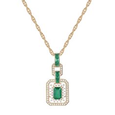 Delicate and elegant, this sparkling emerald and diamond pendant makes a statement with its vintage-inspired design. Crafted in polished 10K yellow gold, this pendant boasts one emerald-cut emerald center stone complemented by six princess cut emeralds and 68 round brilliant cut diamonds for maximum sparkle. | 1/4 ct. tw. Emerald and Diamond Pendant Necklace | 10K Yellow Gold | Size 18" | Helzberg Diamonds Emerald Cut Emerald Necklace, Emerald Cut Necklace, Necklaces Gemstone, Crochet Keychains, Pendent Set, Emerald Necklace Pendant, Pendant Ideas, Jewelry Rendering, Helzberg Diamonds