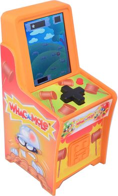 an orange arcade machine with a game on it's display screen and the words whac - a - me