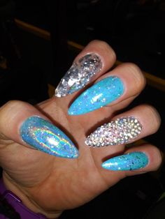 Sky blue holographic nails with silver and crystals stiletto almond press on nails any shape holo bling #glitter #BabyBlue #stiletto #holo #bling #blue #nails #silver #almond #holographic Nail Shape Ballerina, Blue Holographic Nails, Nails With Silver, Rainbow Drawing, Almond Press On Nails