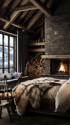 a bedroom with a bed, fireplace and windows