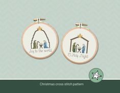 two cross stitch hoop earrings with the words, christmas cross stitch pattern