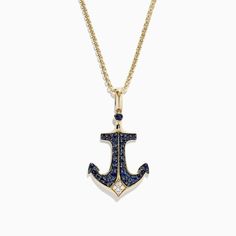 Effy Men's 14K Yellow Gold Sapphire and Diamond Anchor Pendant, 0.96 TCW Anchor Pendant, Effy Jewelry, Yellow Stone, Gold Yellow, Diamond Pendant, Blue Sapphire, Round Diamonds, Gold Metal, Cross Necklace