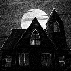 a black and white photo of a church with the moon in the background