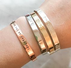 Customize your metal cuff by Adding your favorite inspirational quote or name to this beautiful bracelet to make it your very own. These are hand stamped and not engraved ( mine will have an organic charm to them & are one of a kind as no two will be alike ). This piece is created by you, and will Graduation Inspiration, Rose Gold Diamond Necklace, Handstamped Bracelet, Message Bracelet, Stamped Bracelet, Personalized Bracelet, Gold Diamond Necklace, Greek Style, Bracelet Cuff