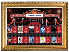 an event poster with the names and times for each stage in front of it, on a red carpeted background