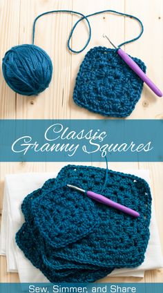 the crochet granny square is shown with yarn on it, and two balls of yarn