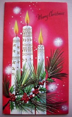 a christmas card with three lit candles and pine branches on it, surrounded by snowflakes