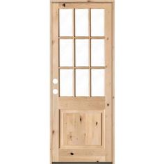 a wooden door with glass panels on the top and bottom panel, in front of a white background