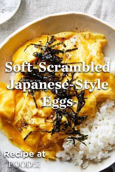 the cover of soft scrambled japanese style eggs recipe at food522, featuring rice and seaweed