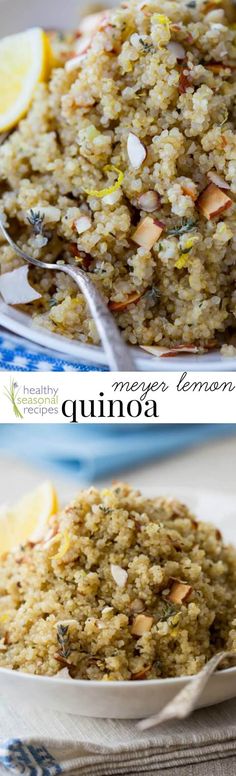 two pictures of quinoa with lemons and other foods in the background on a blue and white plate