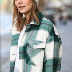 BCFM sale ! green Shacket classic petite shacket jacket white and green plaid overshirt green flannel check oversized shacket #shacket #shacketstyle #fallstyle #outfitideas #overshirt #bcfm Trendy Long Sleeve Shacket For Day Out, Casual Long Sleeve Shacket For Day Out, Winter Long Sleeve Shacket For Day Out, Trendy Button-up Tops For Winter, Trendy Collared Winter Tops, Trendy Collared Tops For Winter, Trendy White Shacket For Winter, Trendy White Winter Shacket, Winter Tops With Button Closure For A Day Out