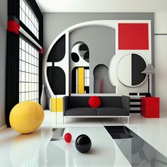 a modern living room with black, white, and red accents on the walls is shown