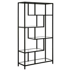 a metal shelf with glass shelves on it