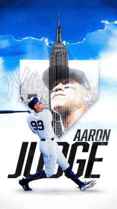 a baseball player swinging a bat in front of a cityscape with the words aaron judge on it