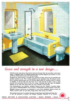 an old fashioned bathroom with yellow and blue tiles on the walls, sink, toilet and bathtub