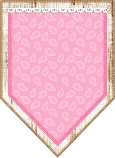 a pink bandana with white paisley print on the front and bottom, hanging from a wooden