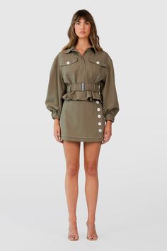 C/MEO Collective - Your Way Skirt - Khaki – Fashion Bunker US Fitted Mini Skirt, Button Skirt, Khaki Fashion, Belted Jacket, Color Khaki, Skirts For Sale, Military Jacket, Mini Skirt, Dress Shop