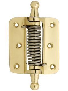 a brass plated door hinge with two screws and springs on the front